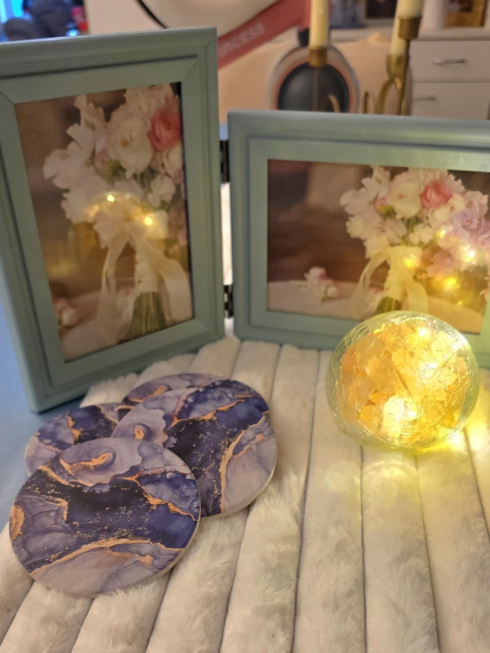 Marble Coaster Set (4), 5x7 (2) Picture Frame, Decorative Salt Rock -Table Decor